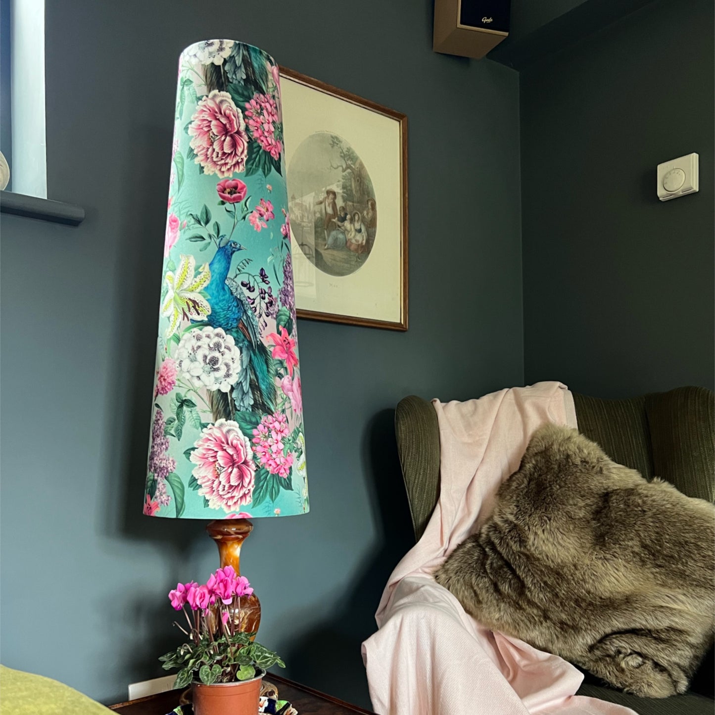 Peacock, floral velvet cone lampshade, in duck egg, extra tall