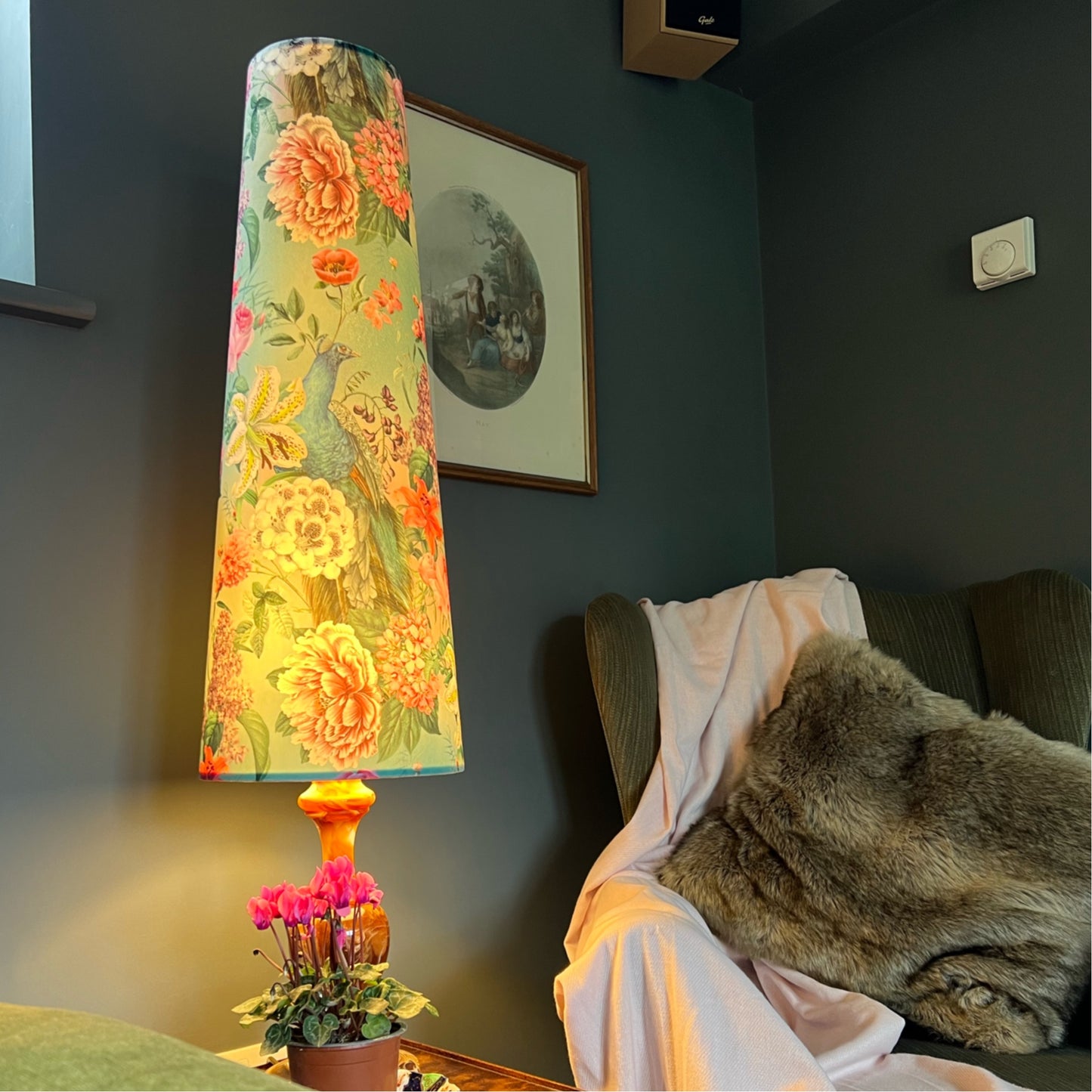 Peacock, floral velvet cone lampshade, in duck egg, extra tall