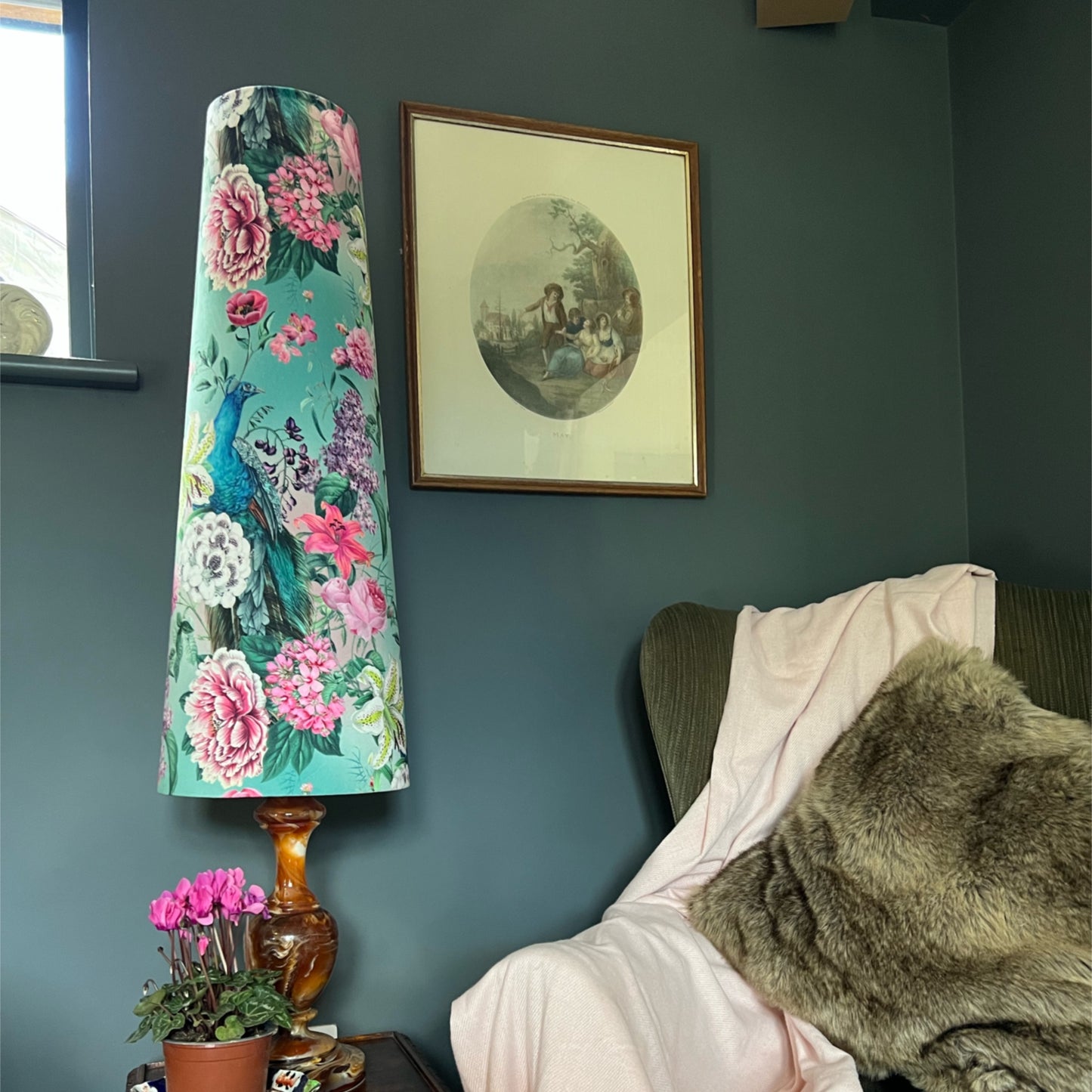 Peacock, floral velvet cone lampshade, in duck egg, extra tall