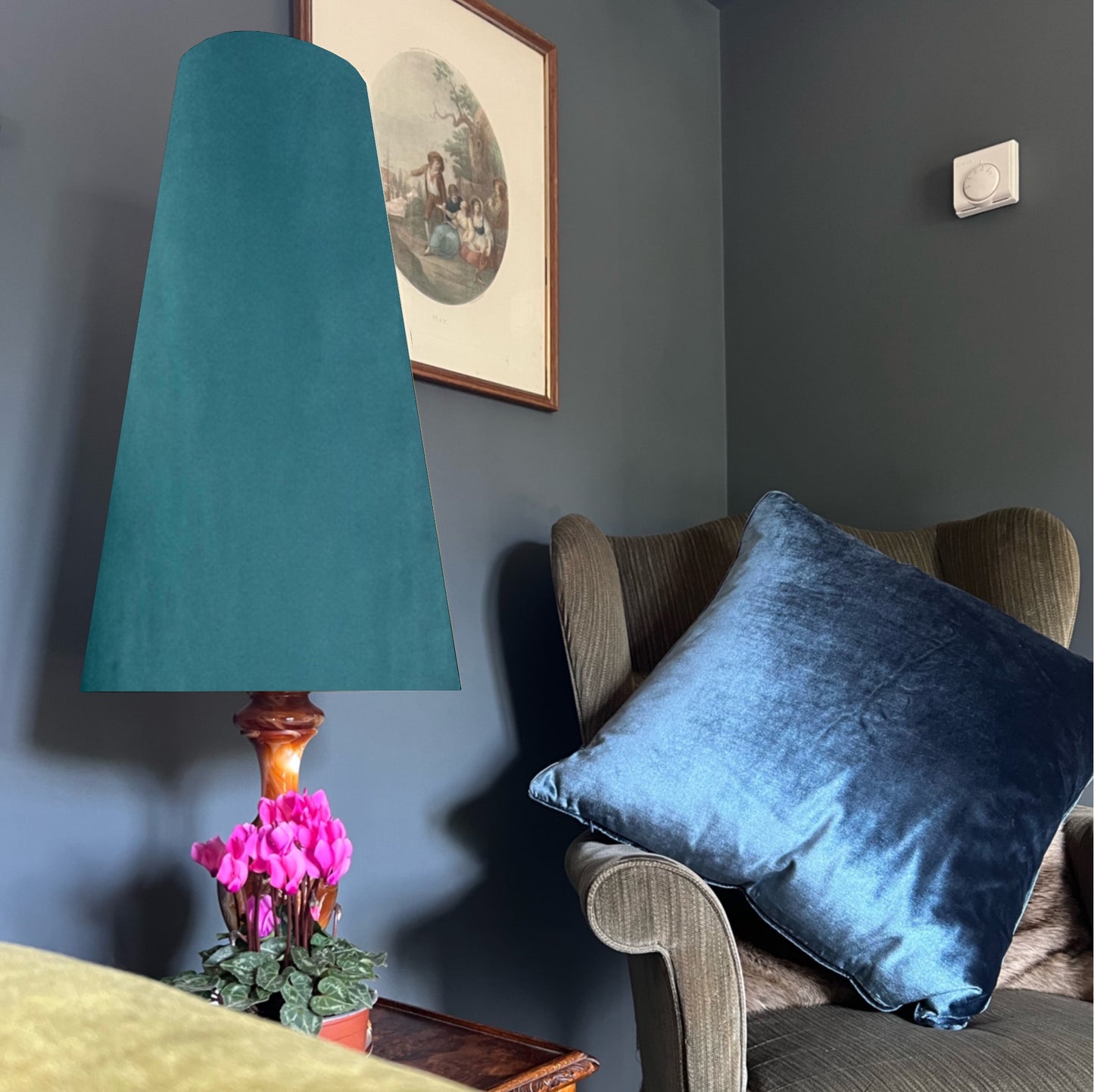 Teal blue Velvet cone lampshade, extra tall lampshade