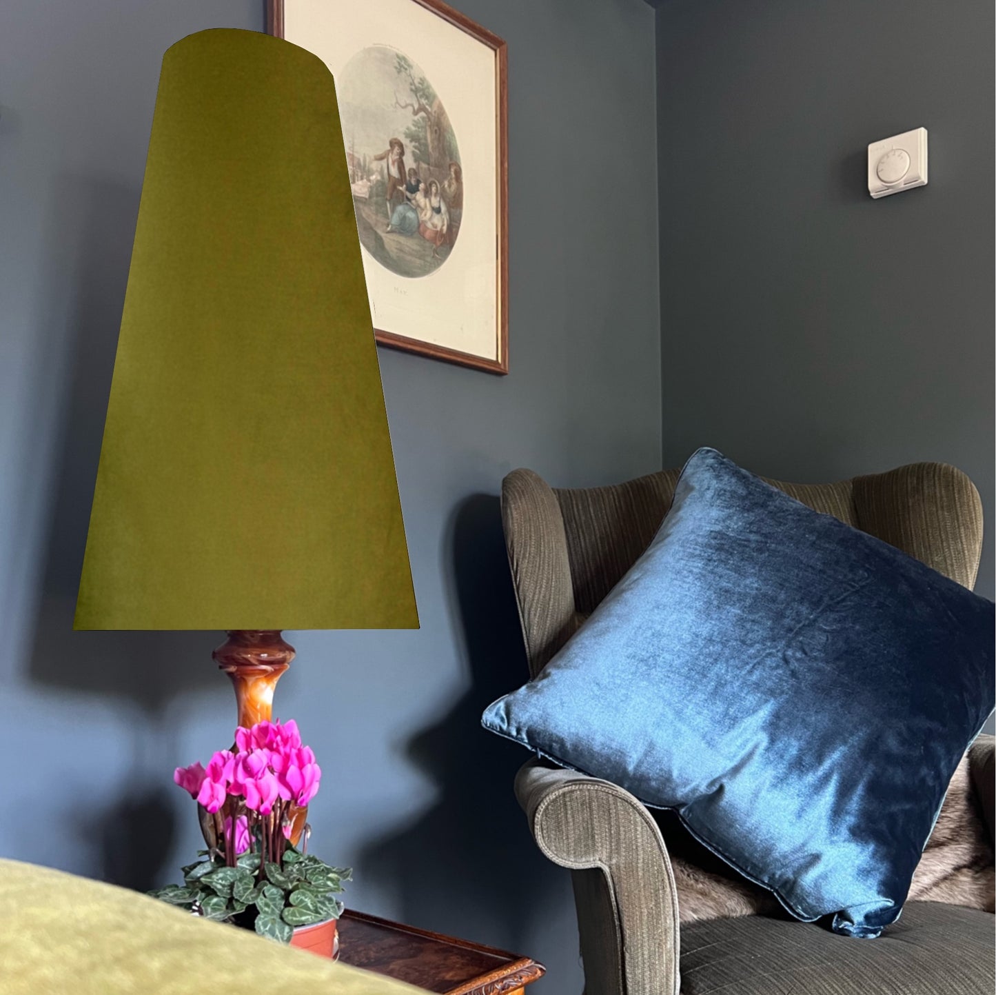 Olive Velvet cone lampshade, extra tall lampshade