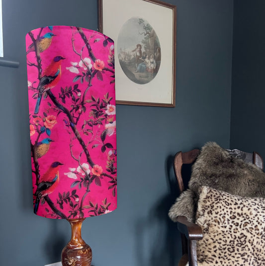 Hot pink birds velvet cylinder lampshade, extra tall lampshade