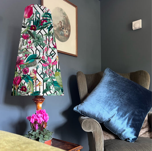 Botanical, geometric white velvet cone lampshade, extra tall lampshade