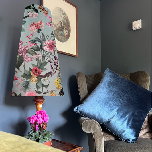 Butterfly, floral velvet cone lampshade, in duck egg, extra tall lampshade