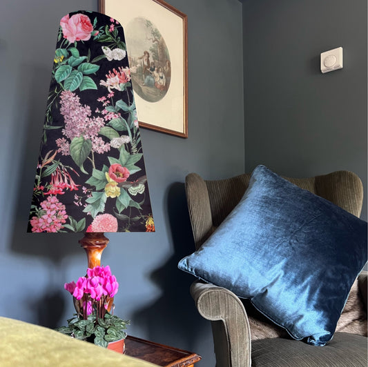 Butterfly, floral velvet cone lampshade, in black, extra tall lampshade