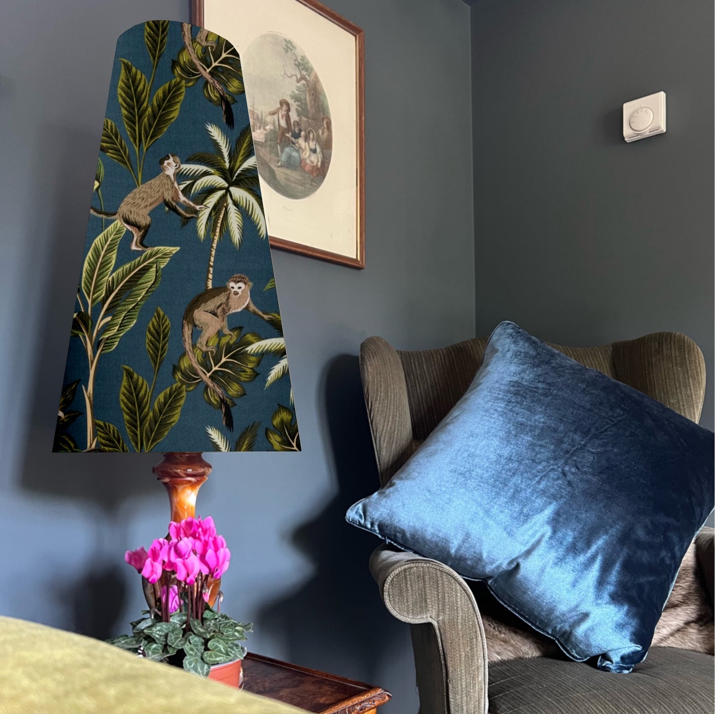 Jungle monkey cotton cone lampshade, in teal, extra tall lampshade