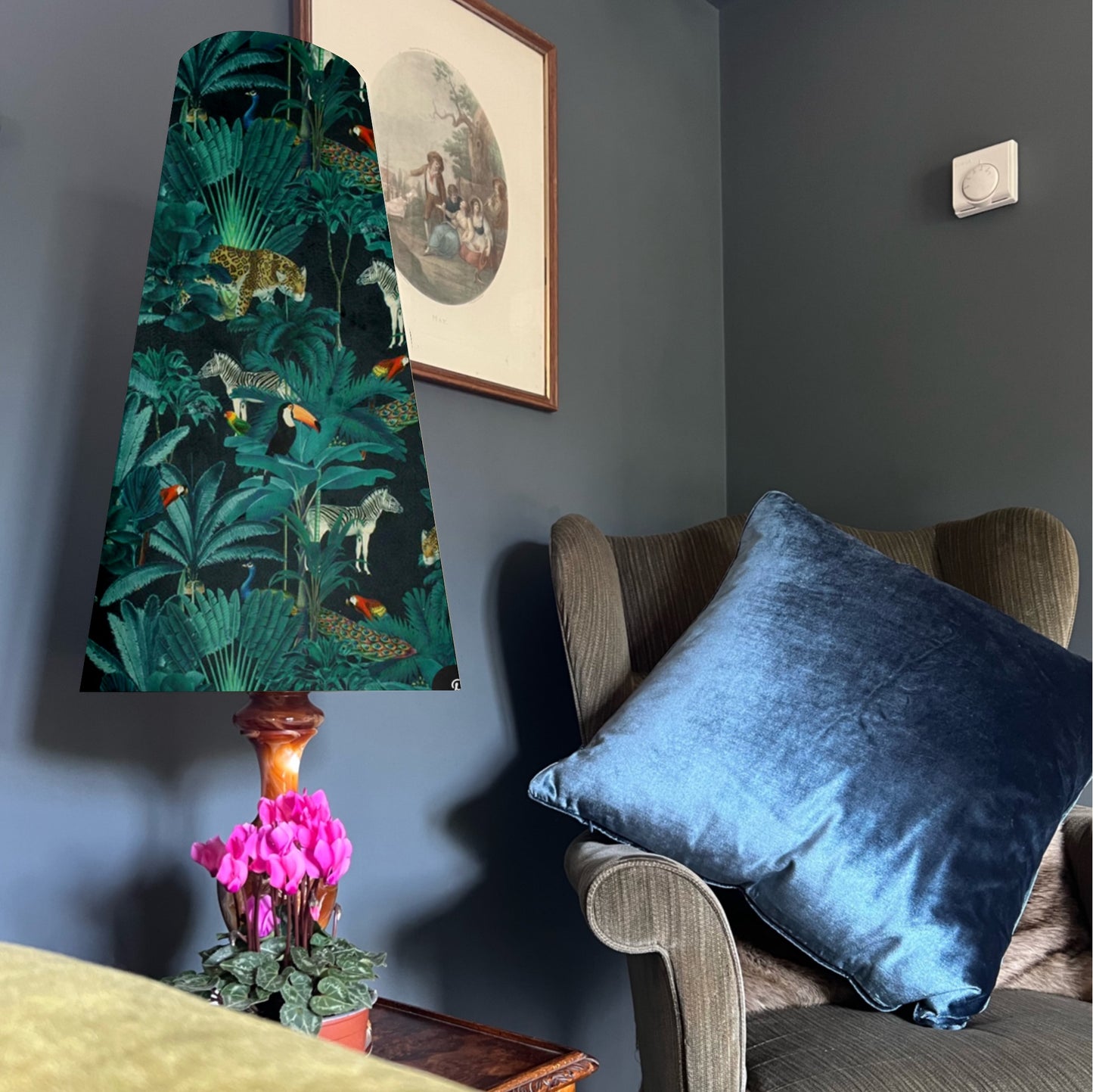 Jungle velvet cone lampshade, in black, extra tall lampshade