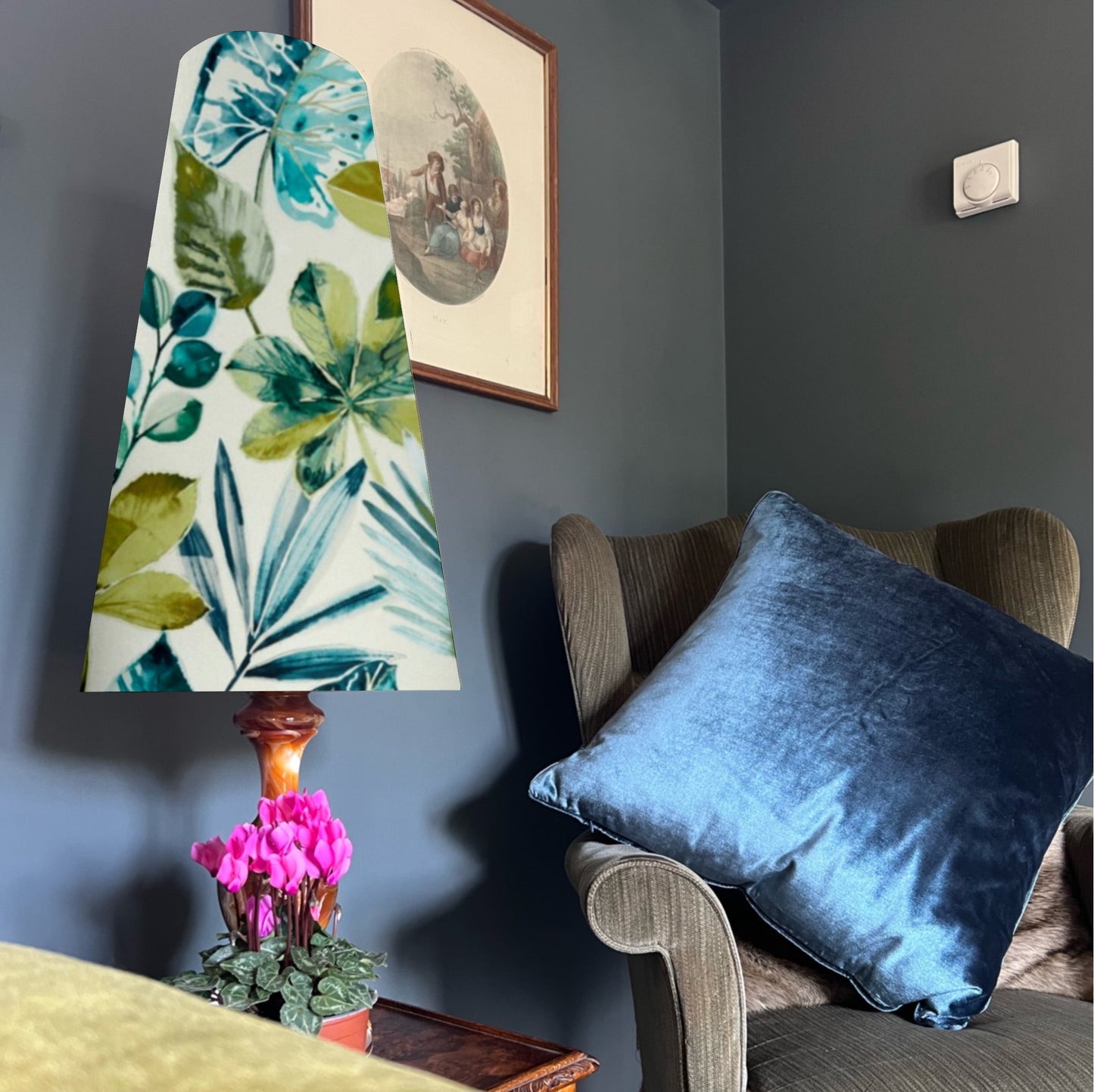 Rainforest Velvet cone lampshade, in blue and green, extra tall lampshade