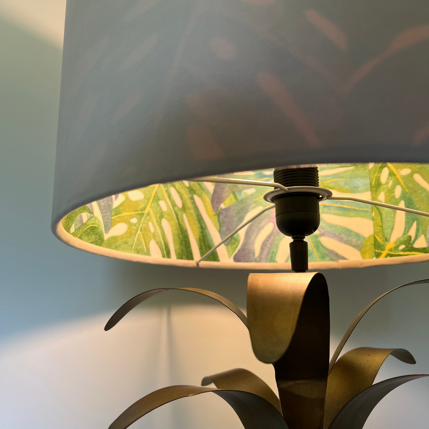 Cream velvet drum lampshade/ ceiling light shade with leaves interior