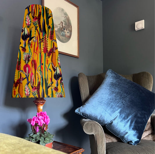 Botanical mustard velvet cone lampshade, extra tall lampshade