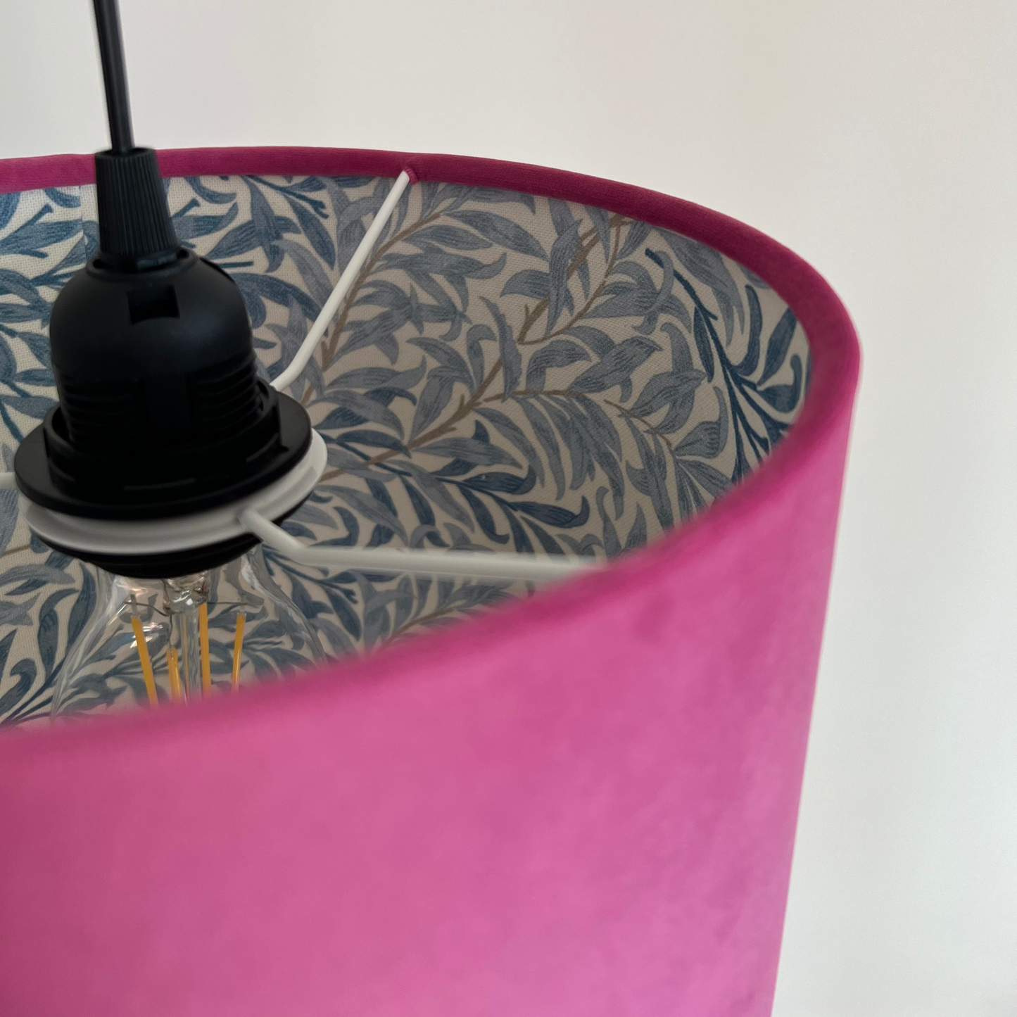 Hot Pink Velvet drum lampshade, double sided lampshade, with William Morris blue leaves cotton interior