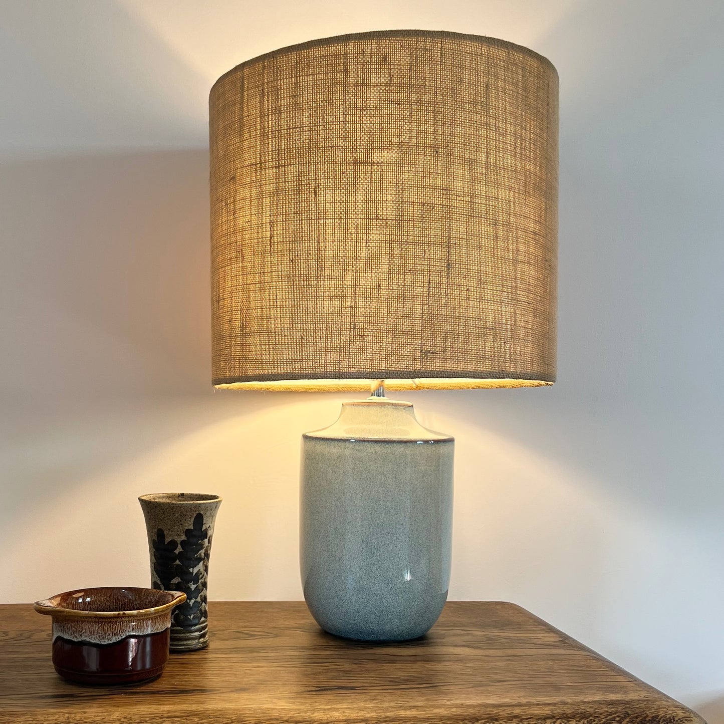 Hessian drum lampshade/ ceiling shade with a white lining
