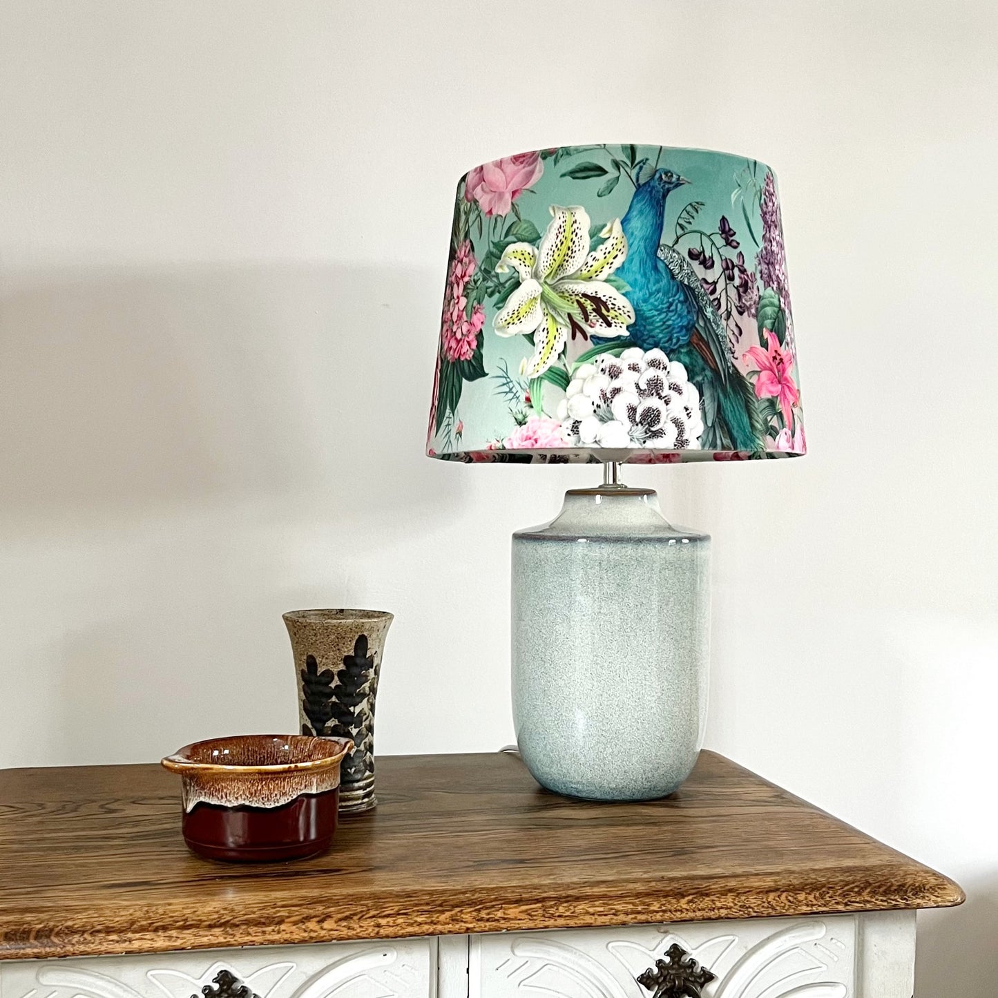 Peacock floral velvet french drum lampshade/ ceiling light shade, empire lampshade, duck egg