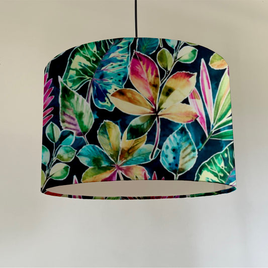 Rainforest velvet multicoloured, drum lampshade /ceiling shade with a white lining
