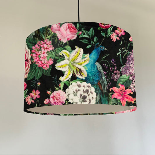 Peacock floral velvet in black, drum lampshade / ceiling shade, with a white lining