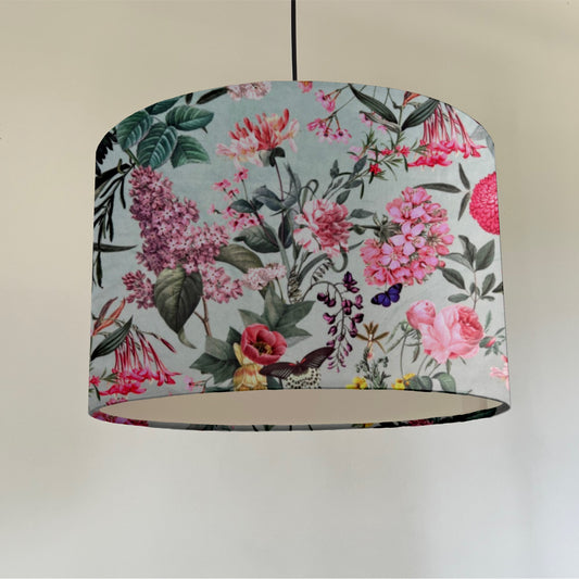 Butterfly floral velvet in duck egg, drum lampshade / ceiling shade, with a white lining