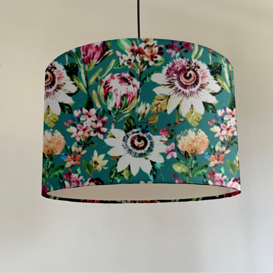 Summer garden velvet in teal, drum lampshade /ceiling shade with a white lining