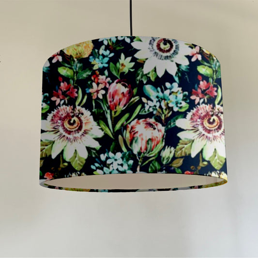 Summer garden velvet in midnight, drum lampshade /ceiling shade with a white lining