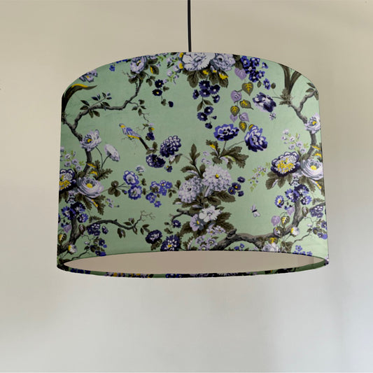 Purple floral velvet drum lampshade / ceiling shade, with a white lining