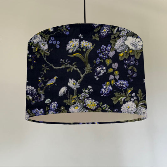 Midnight floral velvet drum lampshade / ceiling shade, with a white lining