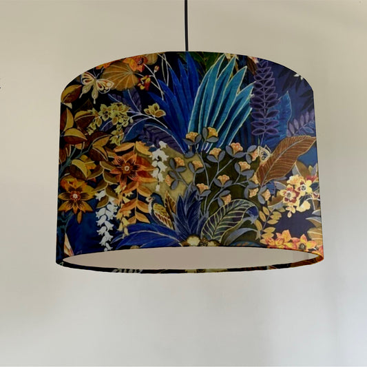 Floral midnight velvet, drum lampshade /ceiling shade with a white lining