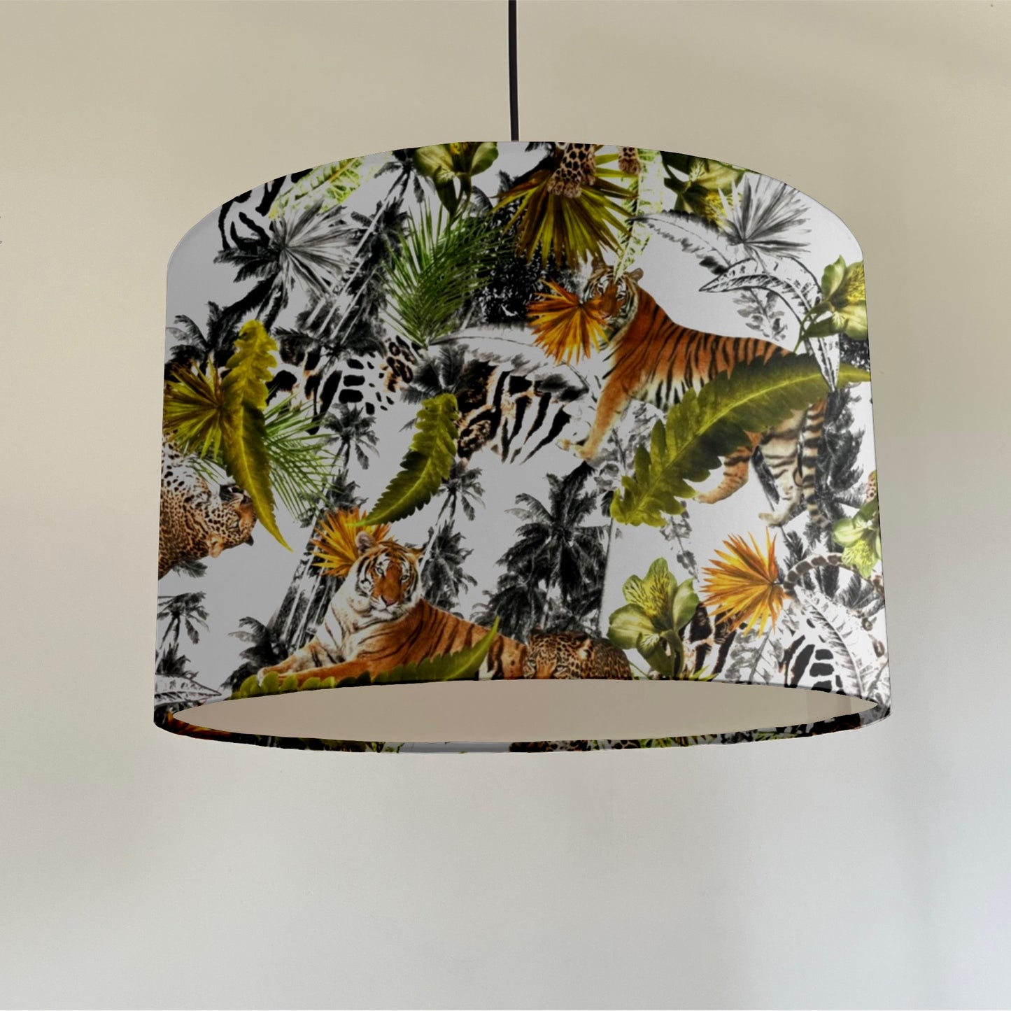 Tiger cheetah jungle velvet drum lampshade / ceiling shade, with a white lining