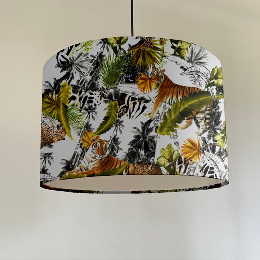 Tiger cheetah jungle velvet drum lampshade / ceiling shade, with a white lining