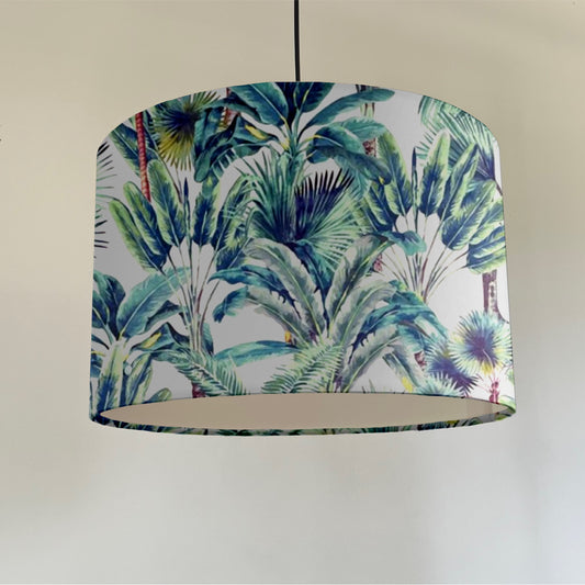 Tropical palm trees velvet drum lampshade / ceiling shade with a white lining