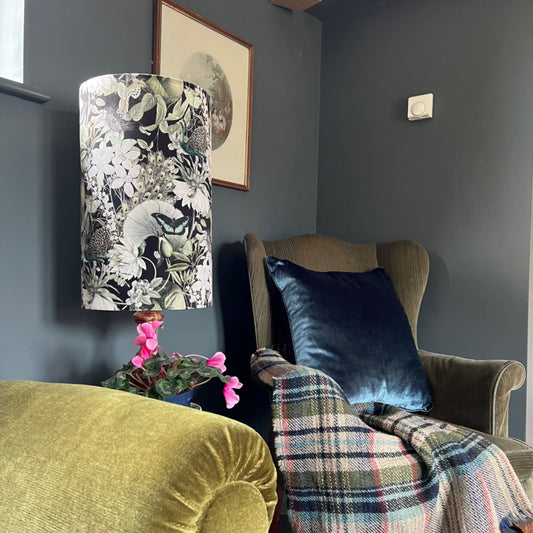Peacock, butterfly Velvet cylinder lampshade, in black, extra tall lampshade