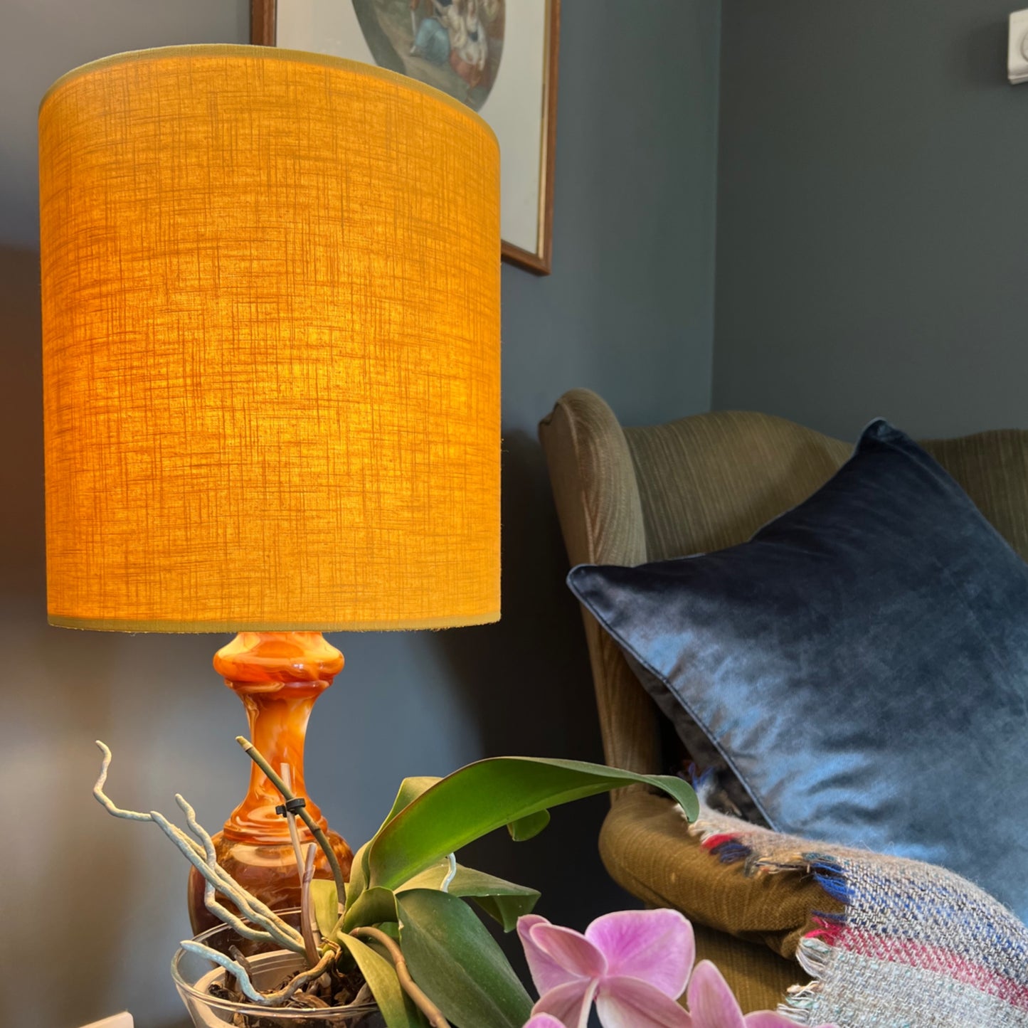 Mustard linen drum lampshade/ ceiling shade with a white lining