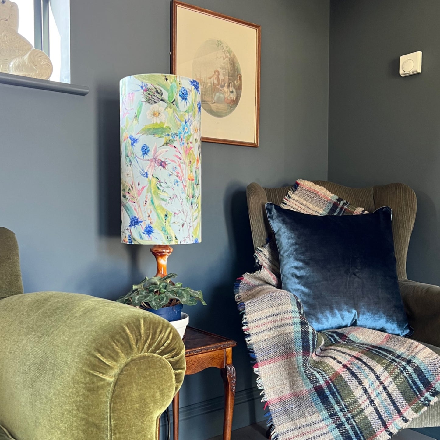 Spring garden velvet cylinder lampshade, extra tall lampshade