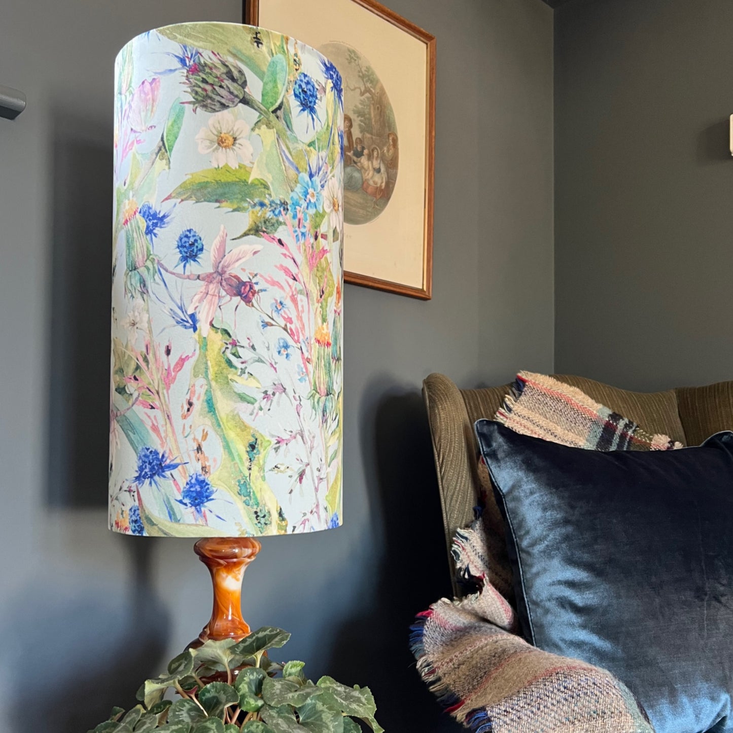 Spring garden velvet cylinder lampshade, extra tall lampshade