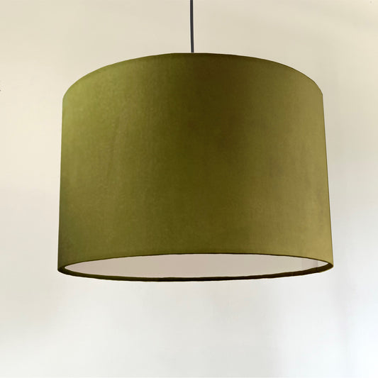 Olive velvet drum lampshade/ ceiling shade with a white lining