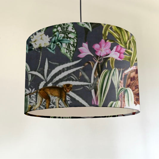 Tropical birds velvet in grey, drum lampshade /ceiling shade with a white lining