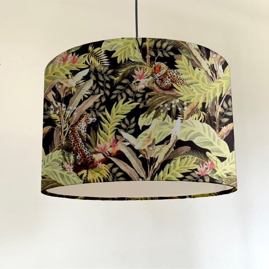 Leopard palm trees velvet, drum lampshade /ceiling shade with a white lining