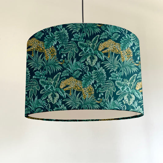 Leopard jungle velvet, drum lampshade /ceiling shade with a white lining