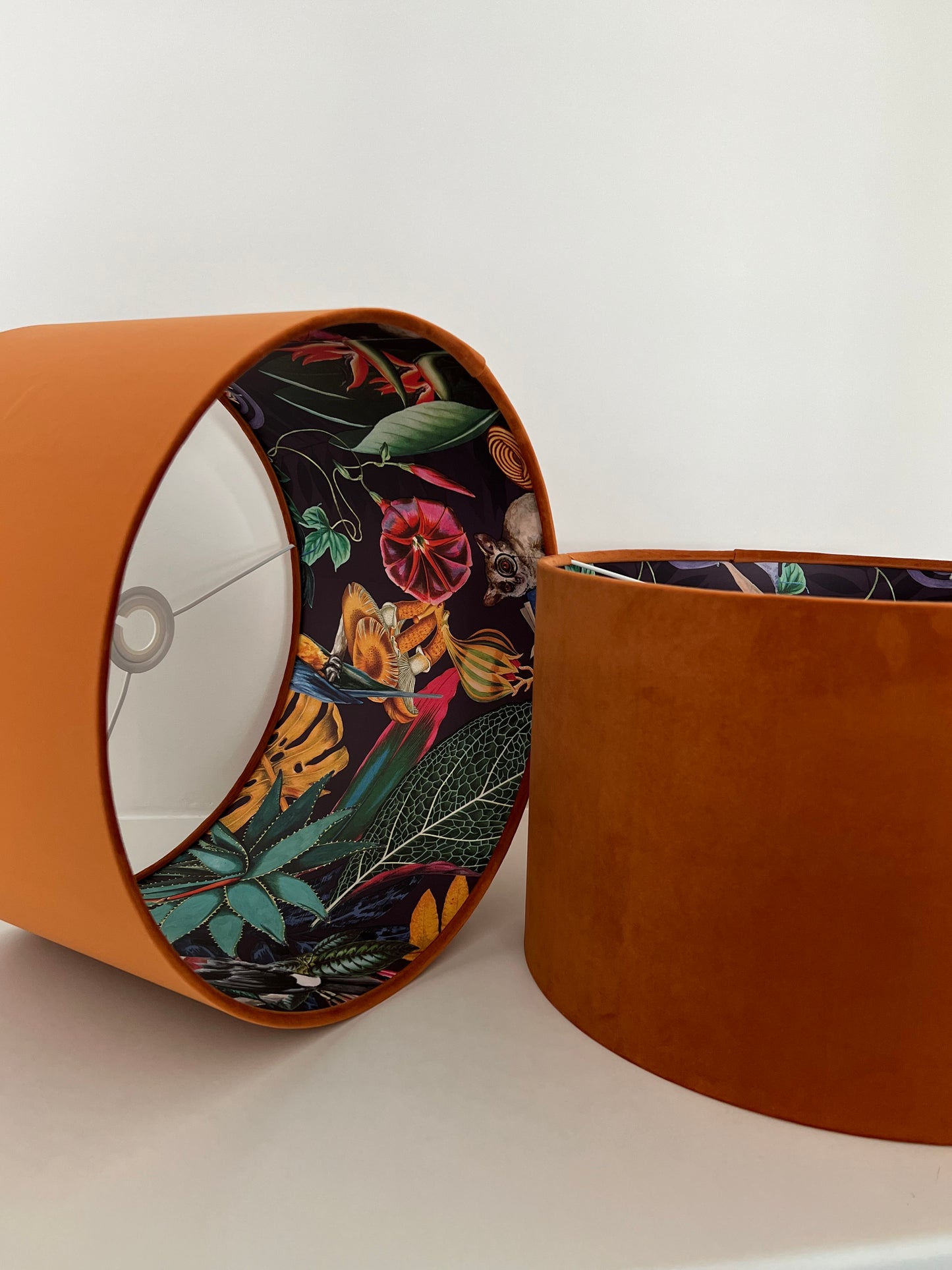 Burnt orange velvet drum lampshade/ ceiling light shade with wonderland paper interior