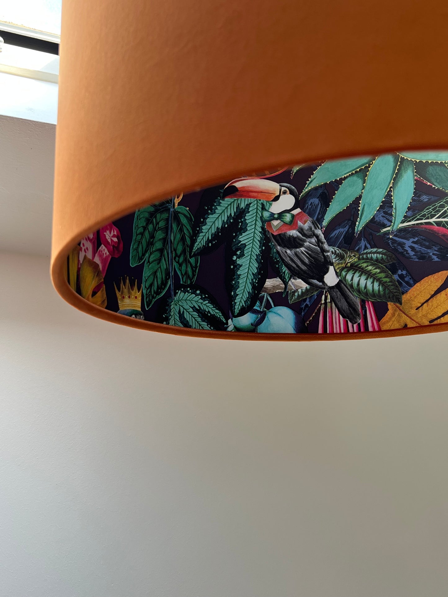 Burnt orange velvet drum lampshade/ ceiling light shade with wonderland paper interior