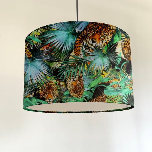 Tropical cheetah velvet drum lampshade / ceiling shade, with a white lining