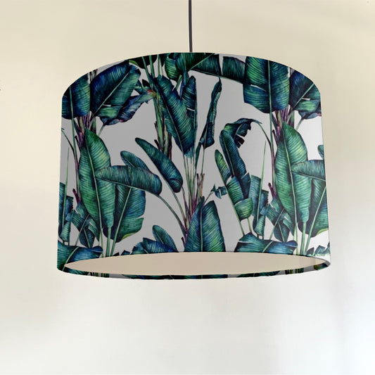 Leaves velvet in white, drum lampshade / ceiling shade, with a white lining