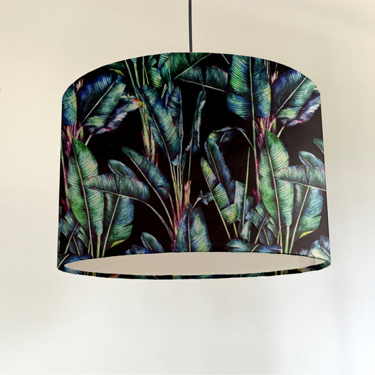 Leaves velvet in black, drum lampshade / ceiling shade, with a white lining