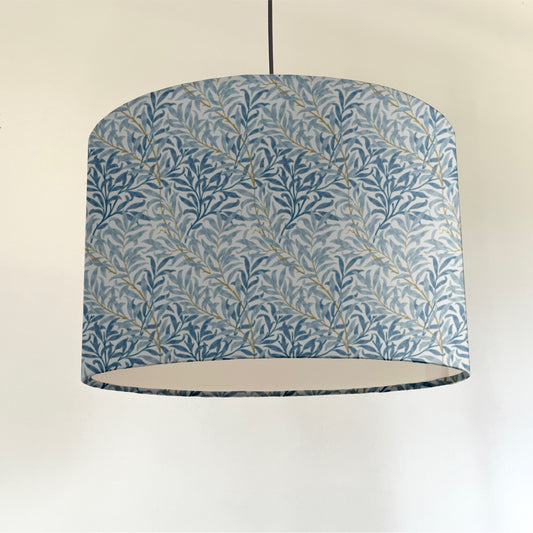 William Morris blue willow cotton drum lampshade/ ceiling shade with a white lining