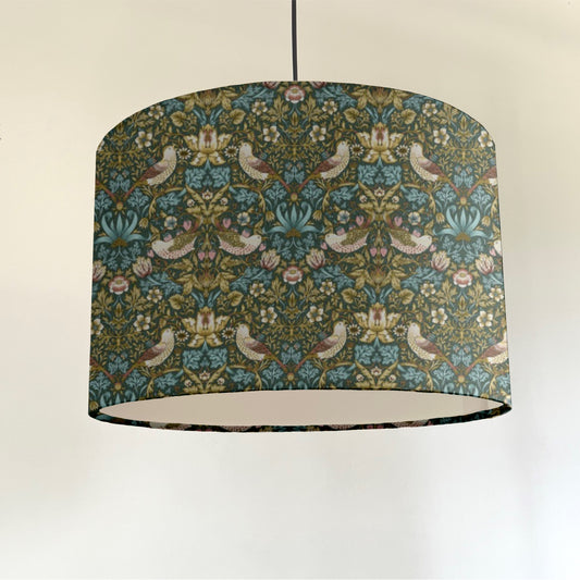William Morris Teal strawberry thief cotton drum lampshade/ ceiling shade with a white lining