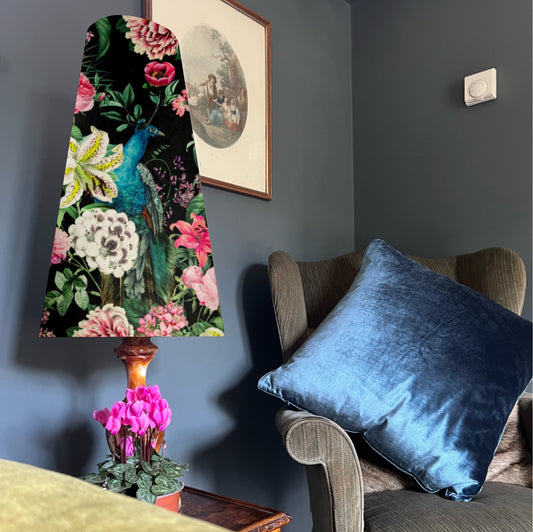 Peacock, floral velvet cone lampshade, in black, extra tall lampshade