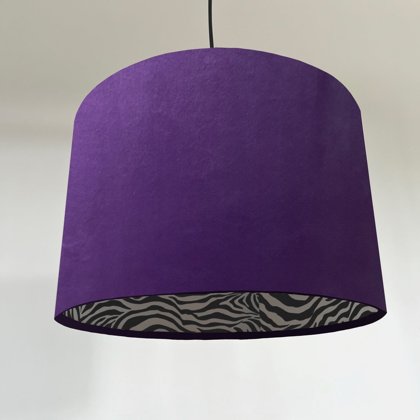 Purple velvet drum lampshade/ ceiling light shade with zebra print cotton interior