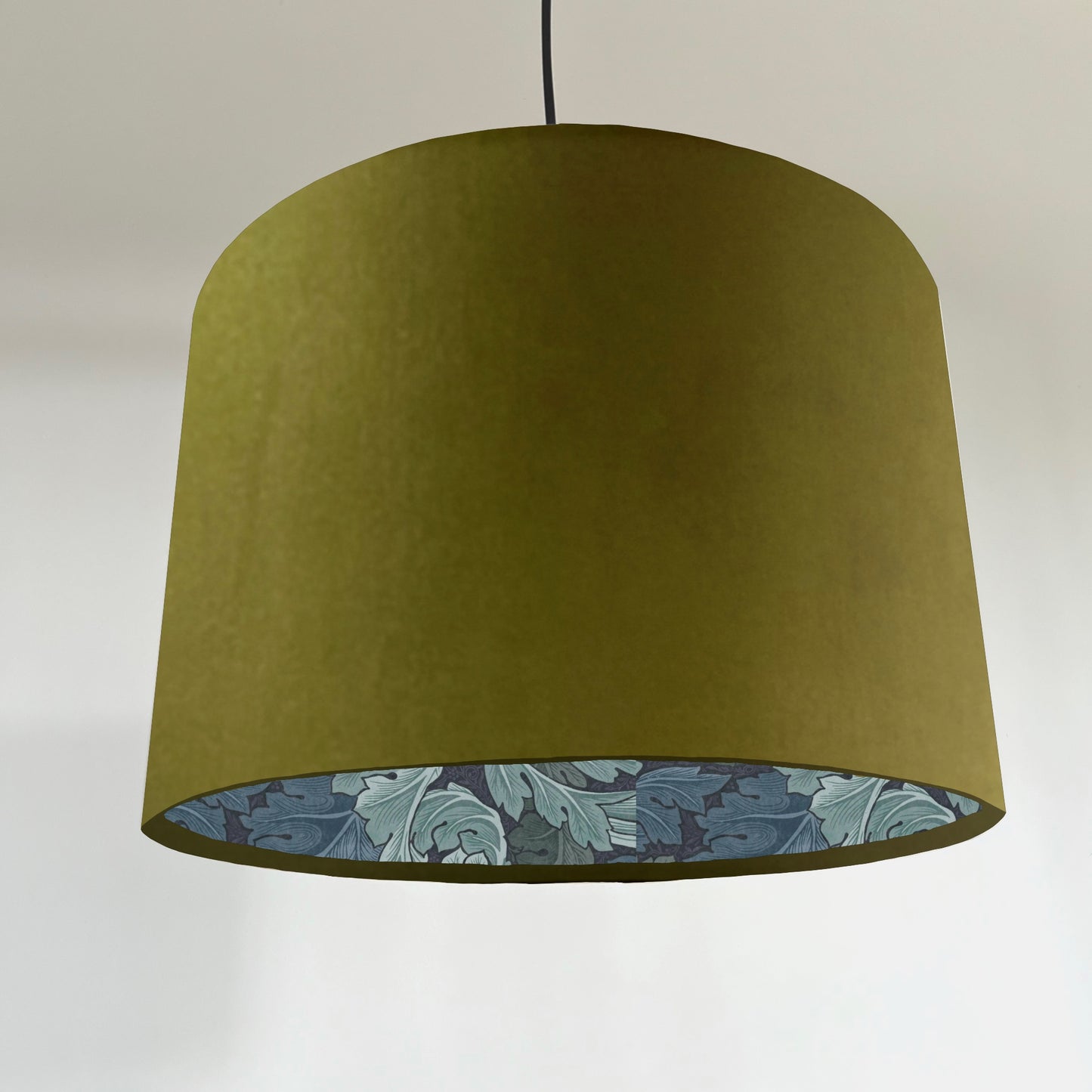 Olive velvet drum lampshade/ ceiling light shade with blue leaves paper interior
