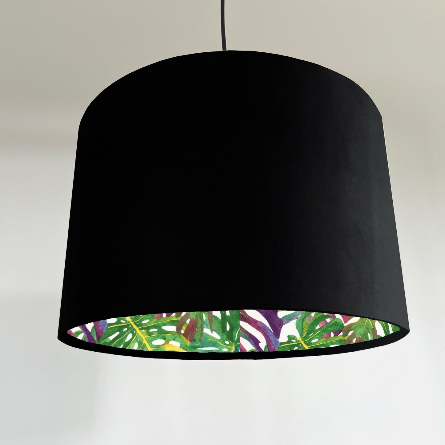 Black velvet drum lampshade/ ceiling light shade with multicoloured leaves interior