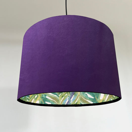 Purple velvet drum lampshade/ ceiling light shade with leaves interior
