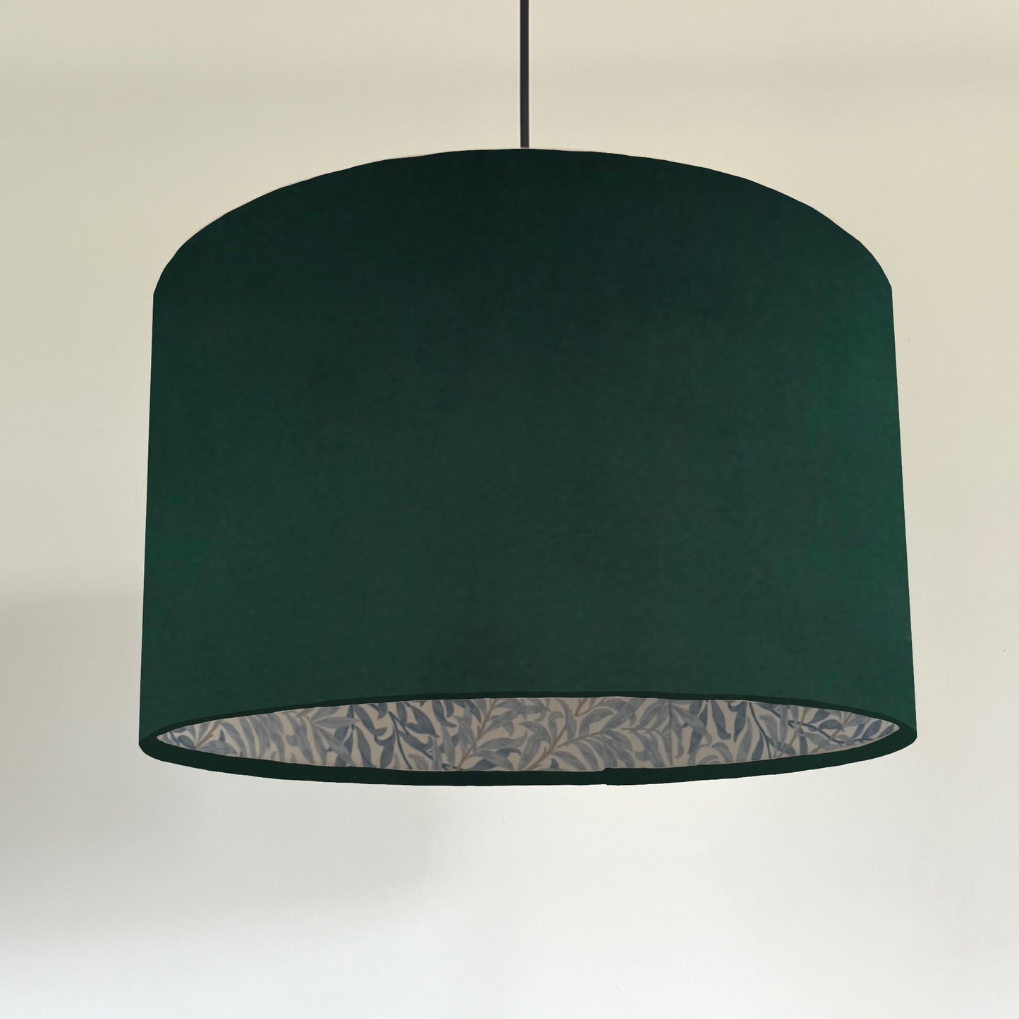 Green velvet drum lampshade, double sided lampshade, with William morris blue leaves cotton interior