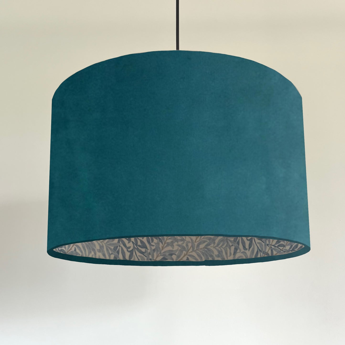 Teal velvet drum lampshade, double sided lampshade, with William Morris blue leaves cotton interior